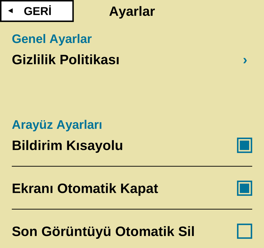 Ayarlar ekranı